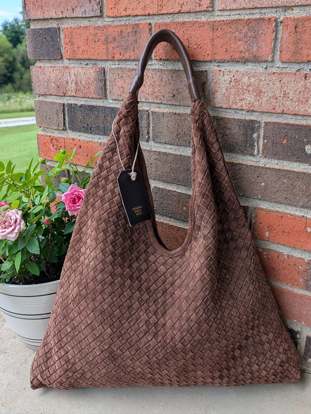 🤎NWT Made In India Suede Leather Woven Shoulder Satchel Tote Bag, Chocolate 🍫